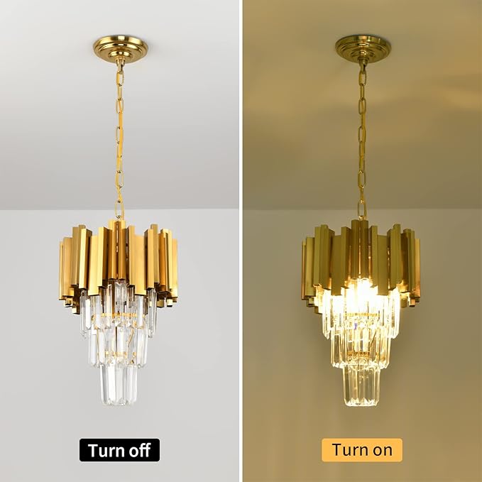 Gold Pendant Light Fixtures Dining Room Chandelier 3-Light Modern Small Crystal Pendant Lights Kitchen Island Kitchen Living Room entryway Bedroom Round Ceiling Hanging Light fixtures 3-Tiers W11.8in