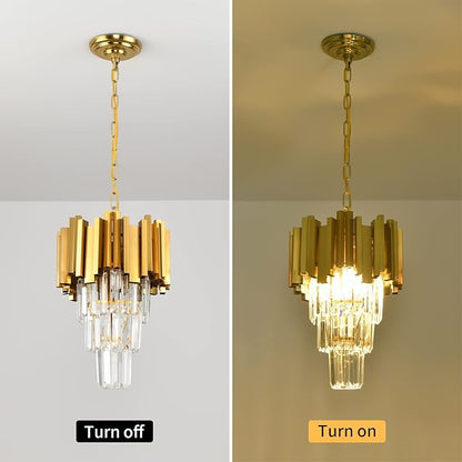 Gold Pendant Light Fixtures Dining Room Chandelier 3-Light Modern Small Crystal Pendant Lights Kitchen Island Kitchen Living Room entryway Bedroom Round Ceiling Hanging Light fixtures 3-Tiers W11.8in