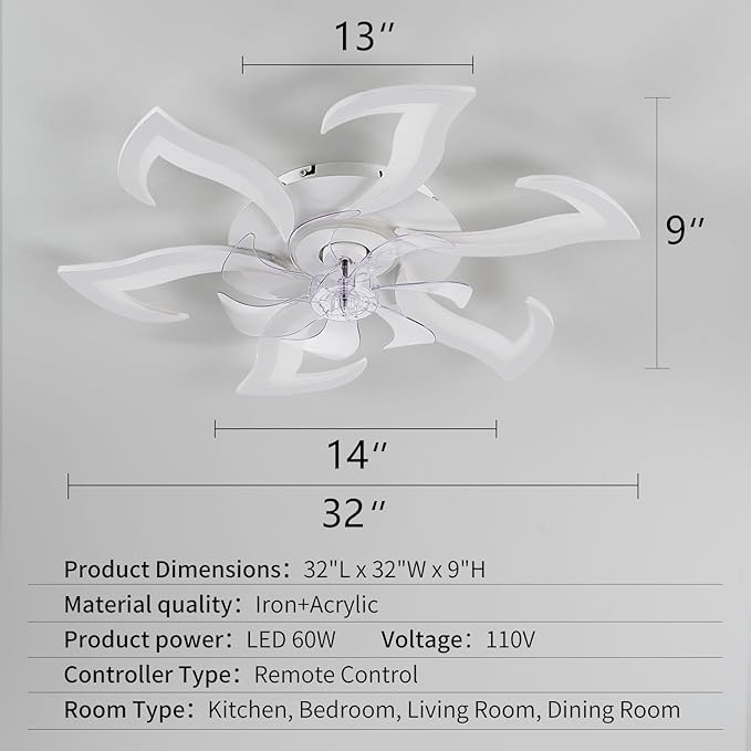White Flower Modern CeilingFans with Lights, Low Profile Ceiling Fan with Remote for bedroom, 32inch Flush Mount Ceiling Fan with LED Dimmable Light,3-Colors, 6-Speeds, Timing Ceiling Fan Light