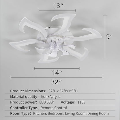 White Flower Modern CeilingFans with Lights, Low Profile Ceiling Fan with Remote for bedroom, 32inch Flush Mount Ceiling Fan with LED Dimmable Light,3-Colors, 6-Speeds, Timing Ceiling Fan Light