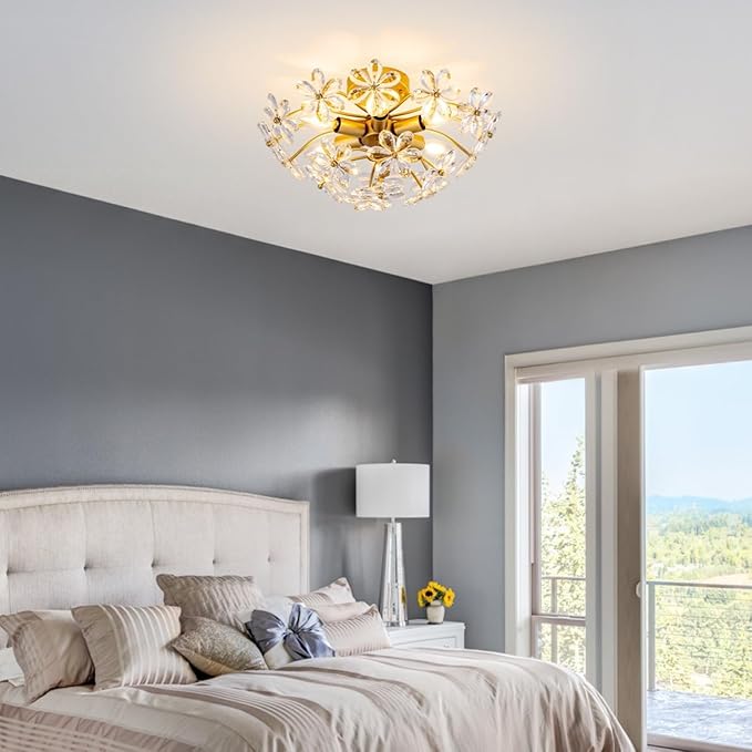 TOCHIC Flush Mount Ceiling Light Fixture, Crystal Chandelier Gold Semi Flush Mount Ceiling Light 18" Contemporary 6-Light Chandeliers for Bedroom Living Room Entryway Bathroom