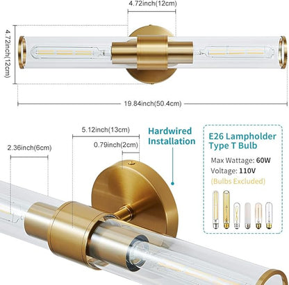 Gold Wall Sconce, Bathroom Light Fixtures in Clear Glass Indoor Wall Sconces, Modern Sconce Wall Lighting Up and Down Vanity Lights Fixtures for Bathroom,Living Room - Bulb Not Included