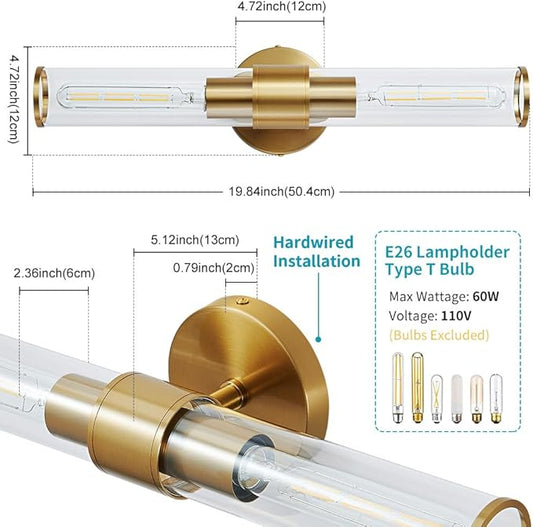 Gold Wall Sconce, Bathroom Light Fixtures in Clear Glass Indoor Wall Sconces, Modern Sconce Wall Lighting Up and Down Vanity Lights Fixtures for Bathroom,Living Room - Bulb Not Included