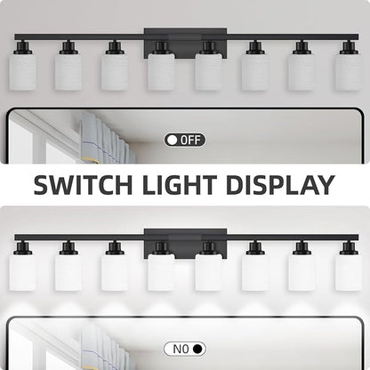 8-Light Bathroom Light Fixtures Over Mirror, 52inch Modern Matte Black Vanity Lights with White Frosted Glass Shade, Bathroom Wall Lamp Sconces for Mirror Bedroom, Living Room Hallway