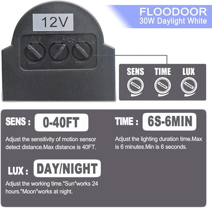 30W LED Motion Sensor Light Outdoor Waterproof Flood Light 12-24V AC/DC Super Bright Security Light, 6000K, 2700LM, Daylight White, 150W Bulb Equivalent, PIR Sensor Light (2 Pack)