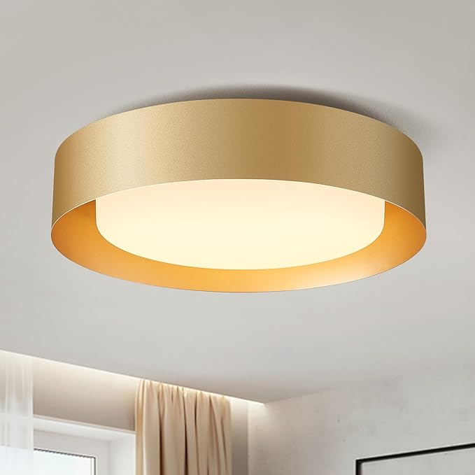 Yiisem Modern Glass Gold Flush Mount Ceiling Lights, 16.5" Minimalist Round Ceiling Lighting, Drum Close to Ceiling Light Fixtures for Living Room, Bedroom, Dining Room, Kitchen, Hallways