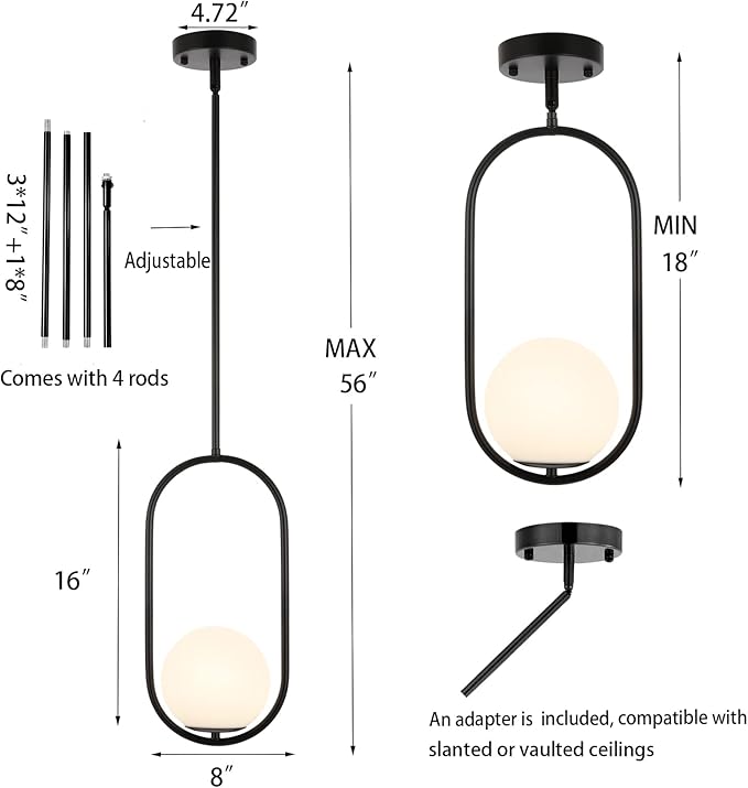 BYOLIIMA Modern Globe Pendant Light Mid Century Chandelier 1-Light Matte Black Ceiling Hanging Lighting Fixture with White Globe Glass Shade for Kitchen Island Dining Room Bedroom
