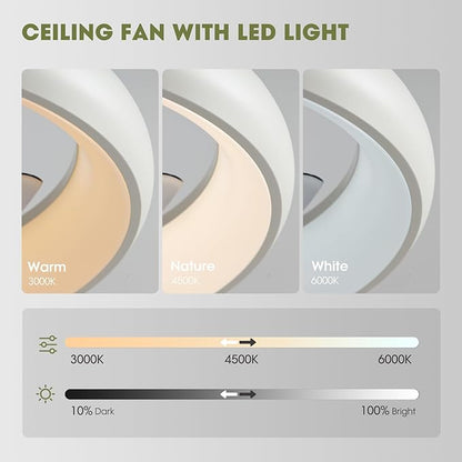 LUDOMIDE Ceiling Fans with Lights and Remote, 20'' Low Profile Flush Mount, 6 Wind Speeds, Modern Dimmable LED Ceiling Fan, Smart Ceiling Fan for Bedroom, Kids Room (White)