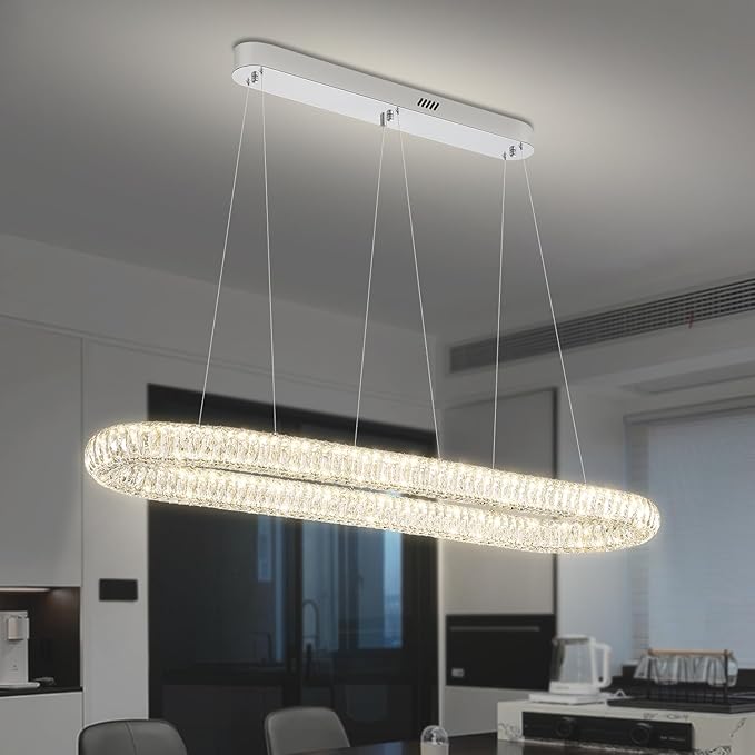 Crystal Ring Chandelier for Living Room, Modern Linear Oval Chandeliers for Dining Room 47.2'' Chrome Ring Pendant Light for Kitchen Island Dimmable 3000K-6000K