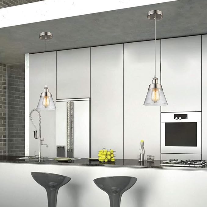 Modern Glass Pendant Light with Handblown Clear Seeded Glass Shade, One-Light Adjustable Industrial Mini Pendant Lighting Fixture for Kitchen Island Cafe Bar, Brushed Nickel