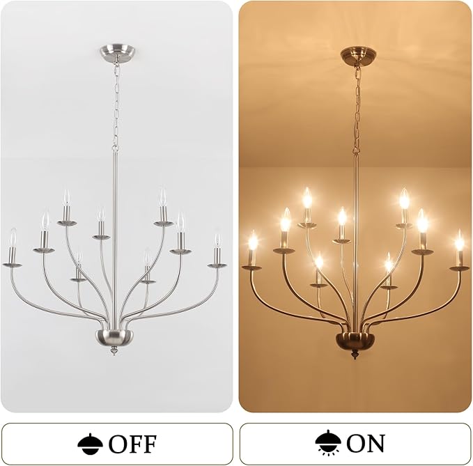 Brushed Nickel Chandelier, 9-Light Modern Farmhouse Chandelier for Dining Room Light Fixture, 2-Tier Industrial Hanging Country Candle Chandeliers for Living Room Foyer Bedroom Entryway Kitchen