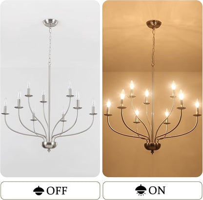 Brushed Nickel Chandelier, 9-Light Modern Farmhouse Chandelier for Dining Room Light Fixture, 2-Tier Industrial Hanging Country Candle Chandeliers for Living Room Foyer Bedroom Entryway Kitchen