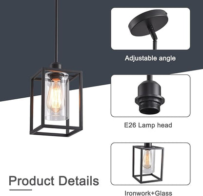 3 Pack Stem Rod Black Pendant Lights for Kitchen Island Industrial Lantern Pendant Light Fixtures with Clear Glass Shade, Farmhouse Adjustable Height Hanging Pendant Lighting