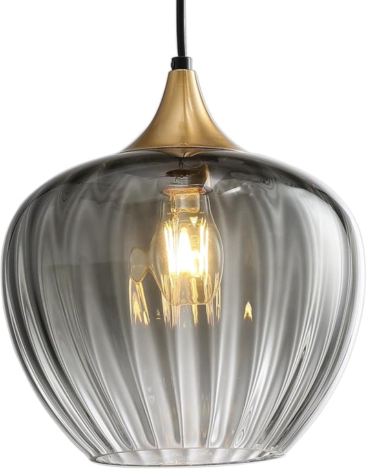 Glass Lampshade Pendant Light Kitchen Island, 9" Vintage Hanging Lamp Ceiling Lighting Fixture, Brushed Gold Modern Chandelier for Dining Room Restaurant Foyer Entryway (Smoke Grey)