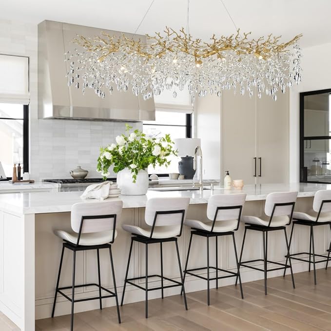 Modern Gold Crystal Chandeliers Chandeliers - L63 inch Rectangular Golden Tree Branches Ceiling Pendant Light Fixtures, Luxury K9 Raindrop for Dining Room