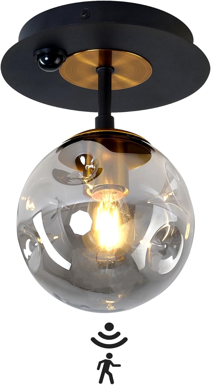 Motion Sensor Light Indoor 1-Light Mini Glass Globe Ceiling Light Fixture Modern Black Semi Flush Mount Light for Hallway Entryway Porch Stairway Closet