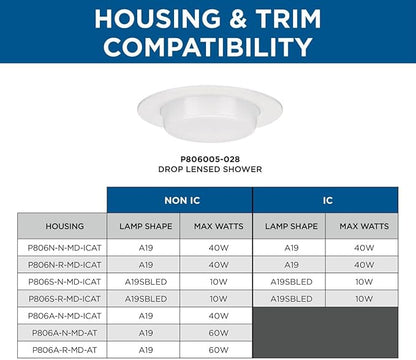 Progress Lighting P806005-028 6" Recessed Drop Lensed Shower Trim with Frosted Glass Diffuser Satin White for 6 in. Housing (P806N Series)