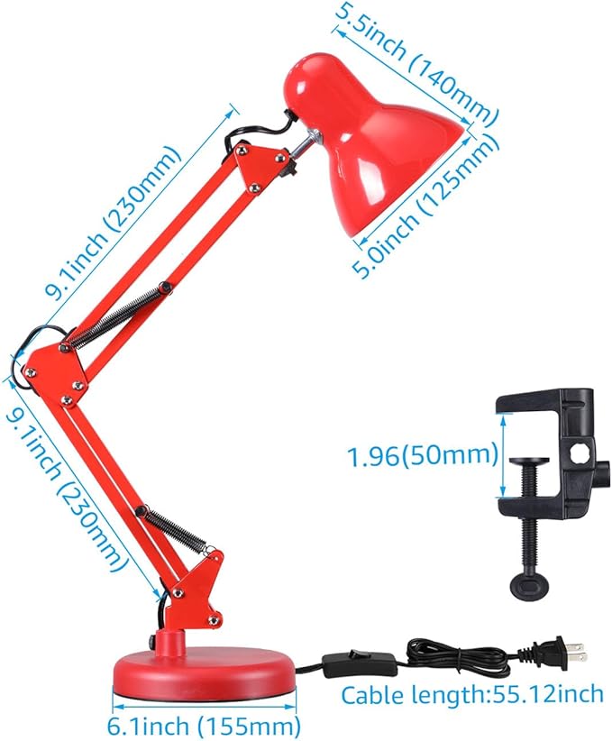 TORCHSTAR Metal Desk Lamp with Clamp, Swing Arm, Architect Adjustable Gooseneck Table Lamp, Clip Desk Lights for Home Office, Work, Study, Reading, E26 Base, Multi-Joint, Red