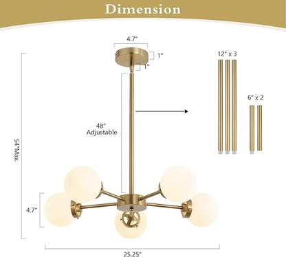 WINGBO 5-Light Sputnik Chandelier, Modern Pendant Light Fixture with 4.7" Opal White Glass Globe Shade for Flat and Slop Ceiling, Height Adjustable for Kitchen Living Room Dining Room Bedroom, Gold