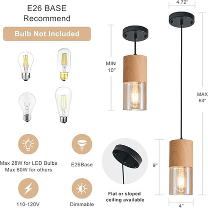 3-Pack Gold Pendant Lights for Kitchen Island, Adjustable Modern Pendant Light Fixtures with Raw Wood Grain, Industrial Amber Glass Pendant Lights for Dining Table Hallway Bedroom Living Room