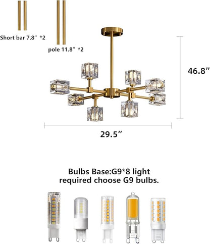 Sputnik Chandeliers for Dining Room Light Fixture, Modern Crystal Chandelier, 8-Lights Gold Semi Flush Mount Ceiling Light for Living Room Bedroom, Dining Room,Kitchen Island