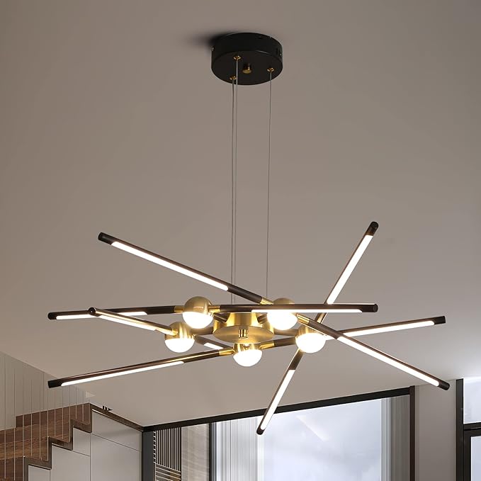 Modern Black chandelier,Sputnik Chandelier 10-Lights Dimmable Pluggable Hanging Ceiling Light Embedded Installation Fixture, Gold LED Pendant Light for Kitchen Island,Living Room Decoration