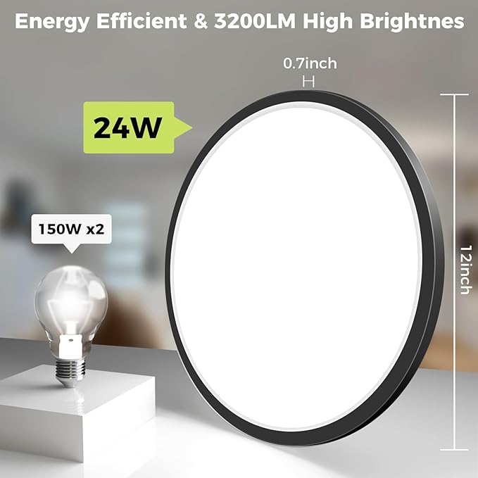 8Pack LED Flush Mount Ceiling Light Fixture, 12Inch 24W, Dimmable&3000K/3500K/4000K/5000K/6500K Adjustable Low Profile Ceiling Lights, 3200LM Modern Lamp for Bedroom, Porch, Kitchen, Hallway, Black