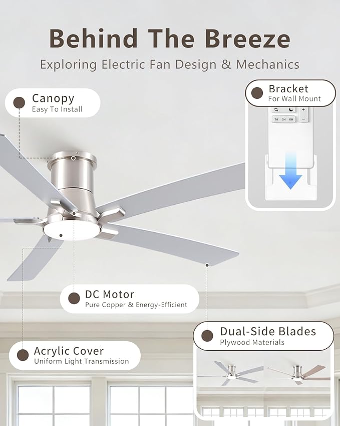 60 Inch Ceiling Fans with Lights and Remote, Nickel Low Profile Ceiling Fan, Flush Mount Style with 5 Blades, For Indoor Bedroom Living Room/Outdoor, 6 Speed Reversible DC Motor, 3CCT Dimmable LED