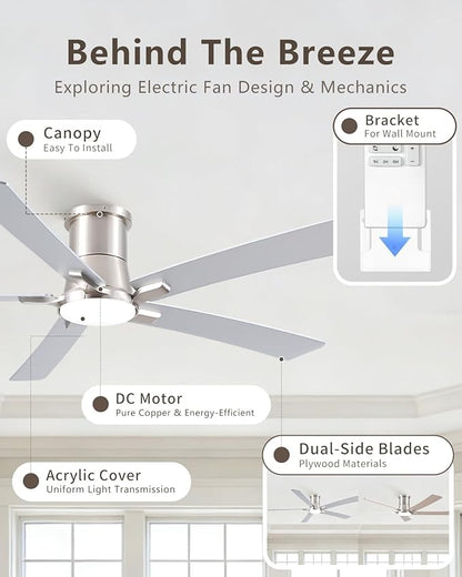 60 Inch Ceiling Fans with Lights and Remote, Nickel Low Profile Ceiling Fan, Flush Mount Style with 5 Blades, For Indoor Bedroom Living Room/Outdoor, 6 Speed Reversible DC Motor, 3CCT Dimmable LED