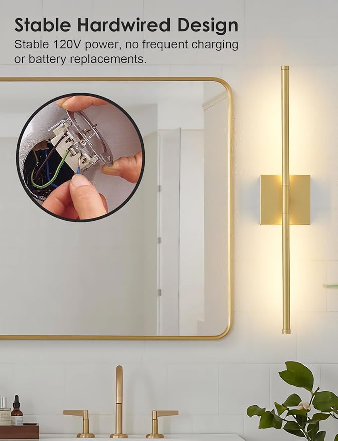 KARTOOSH 24.4 Inch Hardwired Wall Sconces Set of Two, 3000K Warm White Dimmable Modern Wall Sconces, 350° Rotate LED Light Fixtures Wall Lamp for Bathroom Living Room Bedroom Bedside, Gold