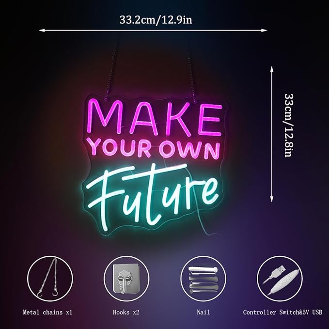 "Make Your Own Future" Neon Sign, Feminine Motivational Neon Light for Women Girls Room, Inspiring LED Wall Art, Dimmable USB Decor with Hanging Kit, Empowering Gift for Her