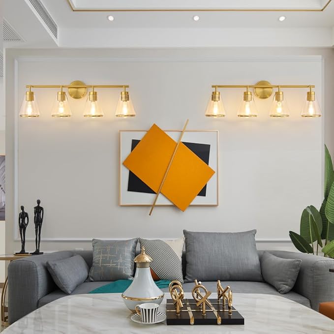 Gold Vanity Light 4 Light Bathroom Vanity Light Fixtures Over Mirror with Clear Glass Shade, 30 Inch Lights for Bathroom Modern Wall Sconce Lighting (Exclude E26 Bulb)