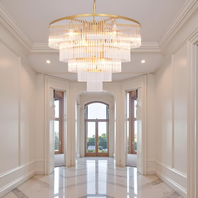 Modern Multi-Tier Crystal Chandelier 5-Tier Round Gold Finish Ceiling Light -Cylindrical Glass Rods -Dining Room Living Room Bedroom Entryway -Luxury Lighting Fixture 27.5''