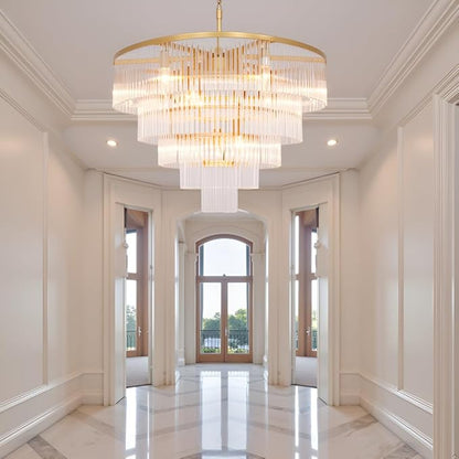 Modern Multi-Tier Crystal Chandelier 5-Tier Round Gold Finish Ceiling Light -Cylindrical Glass Rods -Dining Room Living Room Bedroom Entryway -Luxury Lighting Fixture 27.5''