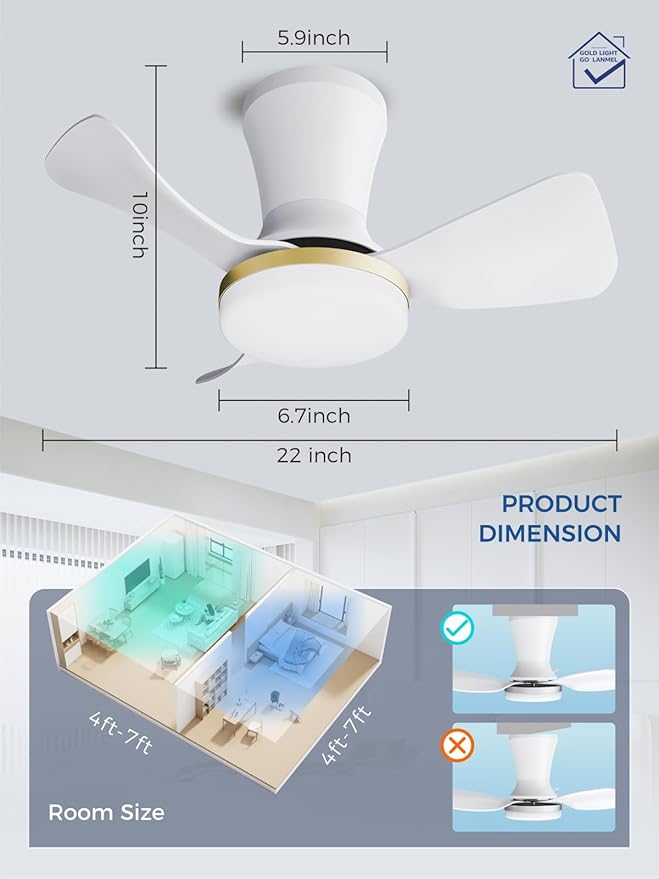 LANMEL 22 Inch Flush Mount Ceiling Fan with Light and Remote, Low Profile Modern Ceiling Fan, 6 Speed, Reversible, 3000k-6500k Dimmable LED, Quiet DC Motor for Indoor Outdoor, White Gold