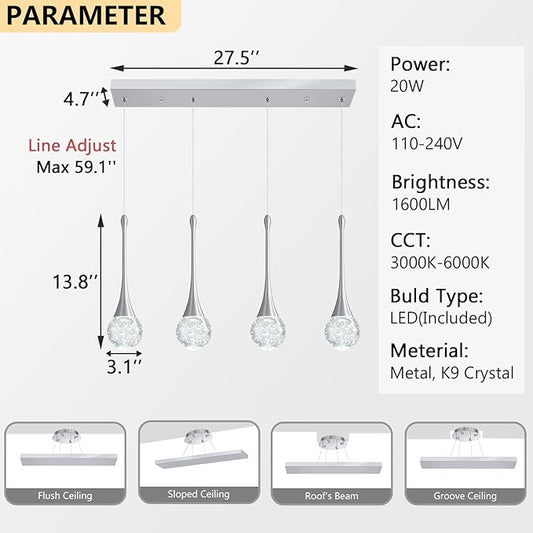 4-Lights Modern Pendant Lights for Kitchen Island LED Dimmable Crystal Glam Ceiling Pendant Lighting Chandelier for Dining Room Hallway Bedroom Silver
