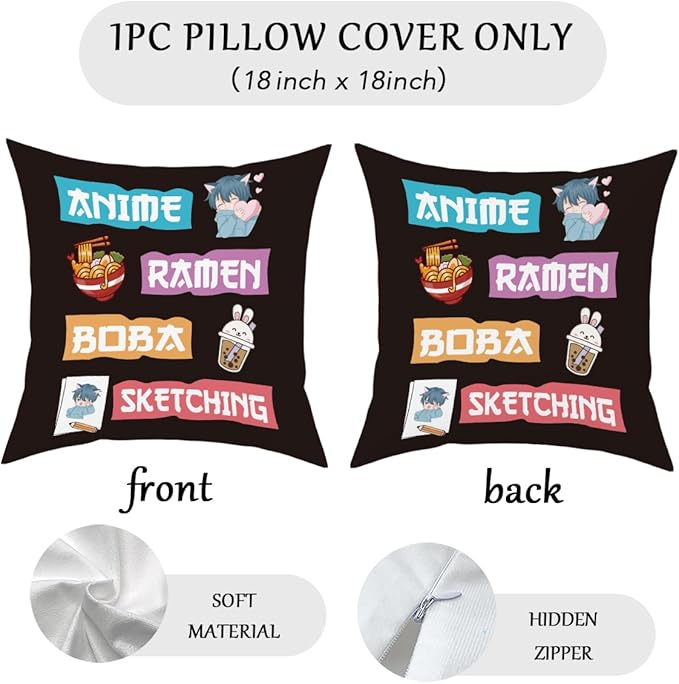 Anime Decor, Just a Girl Who Loves Ramen Boba Sketching Room Decorative Throw Pillow Covers, Anime Lovers for Home Living Room Girl Women Bedroom Decoration Gifts
