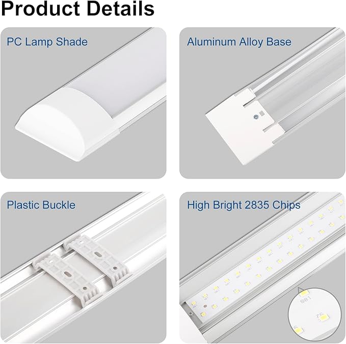 4 Pack 2FT Ultra-Thin Surface Mounted LED Batten Light, 20W Day Light 4000K, IP20, Garage, Shop, Hallway, Office, Market