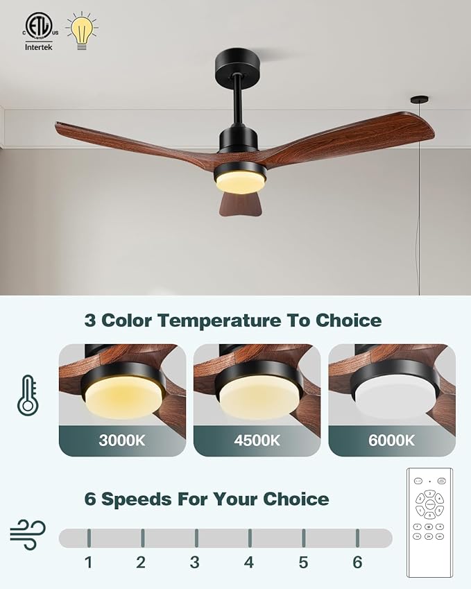 Ceiling Fans with Lights and Remote, 52 Inch Outdoor Ceiling Fan for Patios Indoor with 3 Downrods, 3 Blades Modern Ceiling Fan, 6 Speed Reversible Quiet DC Motor Solid Wood Fan,52in,Walnut