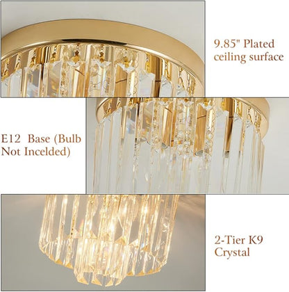 Modern Ceiling Light Crystal Chandelie,2-Tier French Gold Flush Mount Pendant Lighting Fixture for Kitchen Island Light Living Room Bedroom (3-Lights)