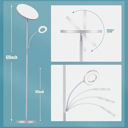 marctronic Silver Gray Floor Lamp, 42W 4000LM Super Bright LED Lamp with Reading Light for Living Room Bedroom Office, Dimmable Standing Lamp with Remote & Touch Control