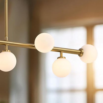 Mid Century Chandelier, Gold Sputnik Pendant Light with White Glass Lampshade,7 Lights Globe Rectangle Linear Chandeliers for Dining Room Kitchen L43.3 in x W11.8 in