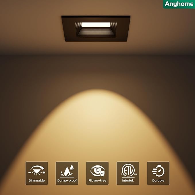4 Inch Led Recessed Lights Square,Led Downlight Square Black,with Baffle Anti-Glare,5CCT 2700K-5000K Dimmable,9W 800LM,ETL & ES(4 Pack)
