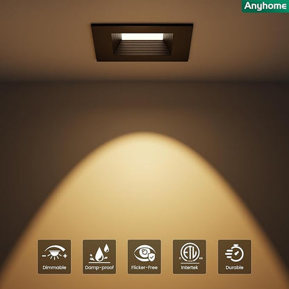 4 Inch Led Recessed Lights Square,Led Downlight Square Black,with Baffle Anti-Glare,5CCT 2700K-5000K Dimmable,9W 800LM,ETL & ES(4 Pack)