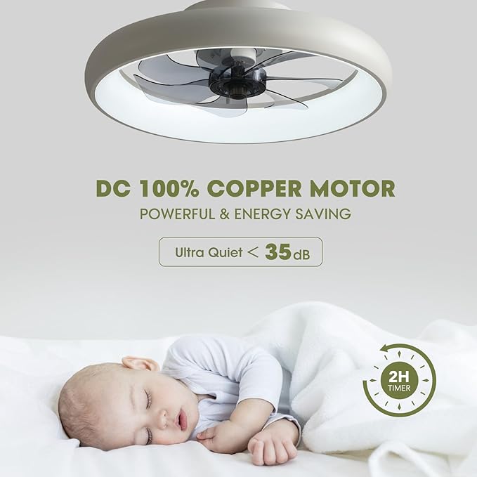 LUDOMIDE Ceiling Fans with Lights and Remote, 20'' Low Profile Flush Mount, 6 Wind Speeds, Modern Dimmable LED Ceiling Fan, Smart Ceiling Fan for Bedroom, Kids Room (White)