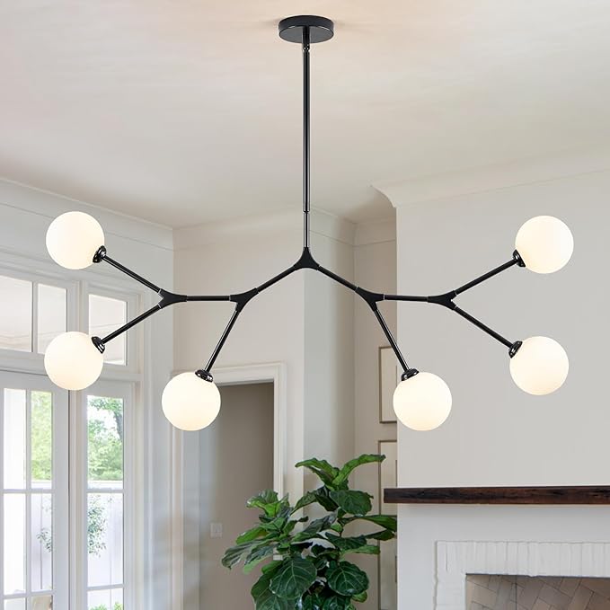 6 Lights Sputnik Chandelier for Dining Room L45’’ Black Modern Pendant Light Fixture with Milk Glass Shade Large Mid Century Chandeliers for Kitchen Island Living Room Foyer