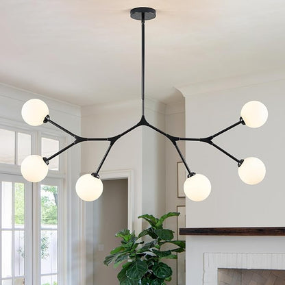 6 Lights Sputnik Chandelier for Dining Room L45’’ Black Modern Pendant Light Fixture with Milk Glass Shade Large Mid Century Chandeliers for Kitchen Island Living Room Foyer