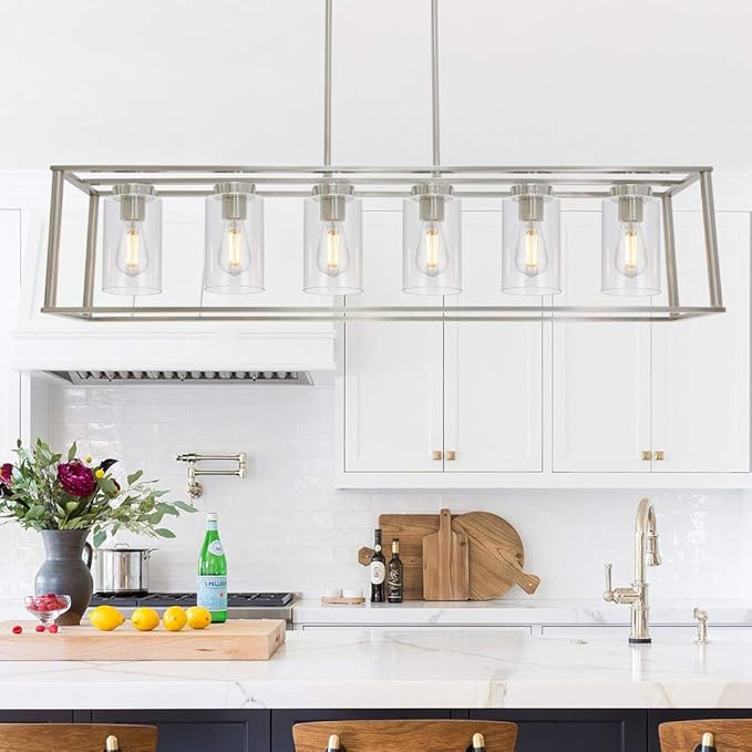 Modern Chandeliers 6 Light Brushed Nickel Dining Room Lighting Fixtures Hanging Rectangular Kitchen Island Pendant Lights Industrial Flush Mount Ceiling Light with Glass Shade