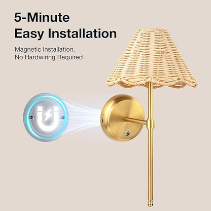 Battery Operated Boho Rattan Wall Sconce Set of 2, Stepless Dimming Magnetic Wall Lamp, 5200mAh Rechargeable Battery and Integrated LED, for Living Room Bedroom Hallway Corridor