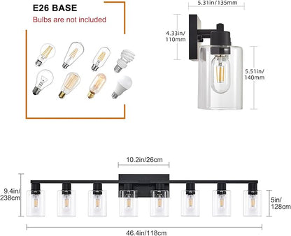 8 Light Bathroom Vanity Light Black Vanity Light Fixtures Bathroom Lights Fixtures Over Mirror Large Wall Lights with Clear Glass Shade for Bedroom Living Room Makeup